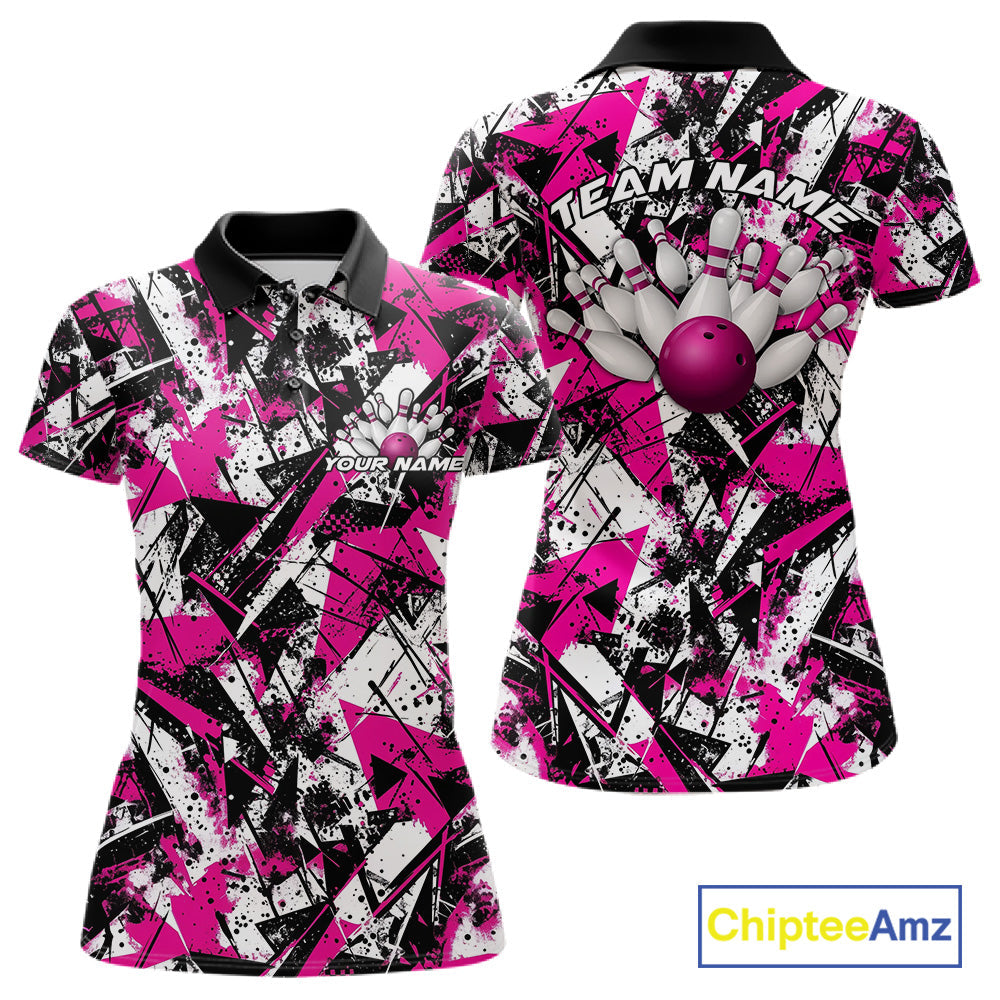 Custom Graffity Pink Camo Bowling Team Women Polo Shirts, Camouflage Bowling Jerseys IPHW10214