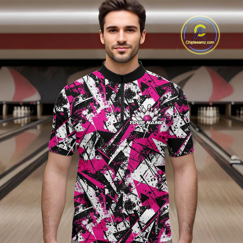 Custom Graffity Pink Camo Bowling Team Men Quarter-Zip Shirts, Camouflage Bowling Jerseys IPHW10214