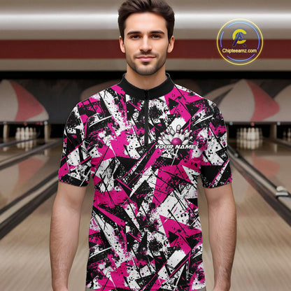 Custom Graffity Pink Camo Bowling Team Men Quarter-Zip Shirts, Camouflage Bowling Jerseys IPHW10214