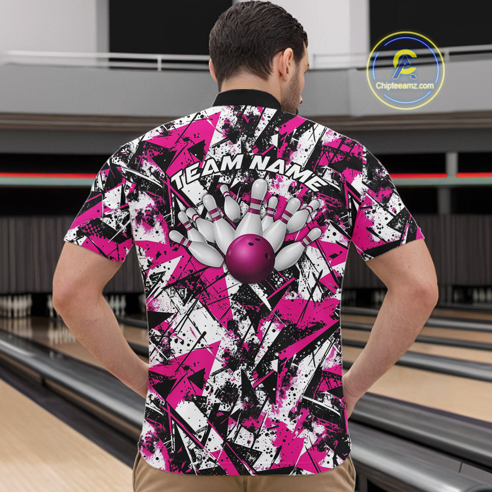 Custom Graffity Pink Camo Bowling Team Men Quarter-Zip Shirts, Camouflage Bowling Jerseys IPHW10214