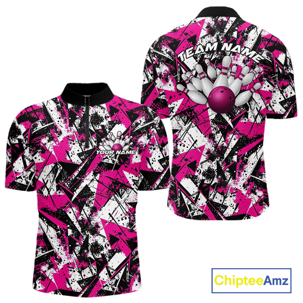 Custom Graffity Pink Camo Bowling Team Men Quarter-Zip Shirts, Camouflage Bowling Jerseys IPHW10214