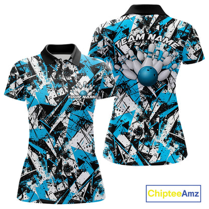 Custom Graffity Blue Camo Bowling Team Women Polo Shirts, Camouflage Bowling Jerseys IPHW10215