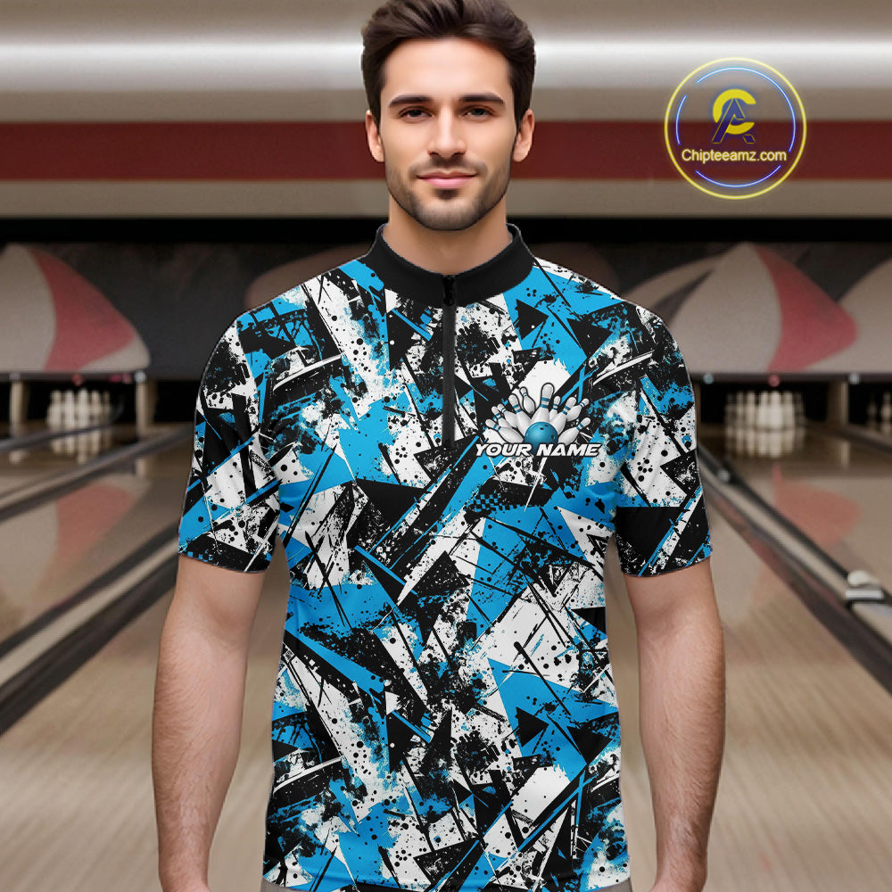 Custom Graffity Blue Camo Bowling Team Men Quarter-Zip Shirts, Camouflage Bowling Jerseys IPHW10215