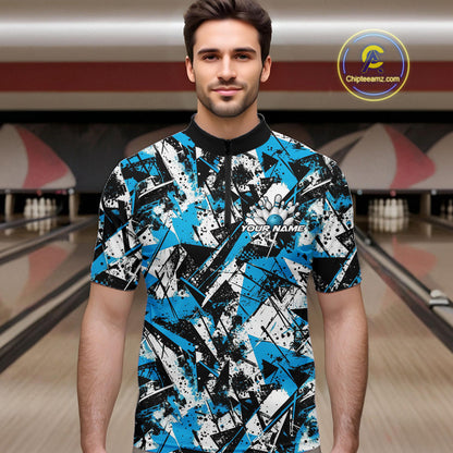 Custom Graffity Blue Camo Bowling Team Men Quarter-Zip Shirts, Camouflage Bowling Jerseys IPHW10215