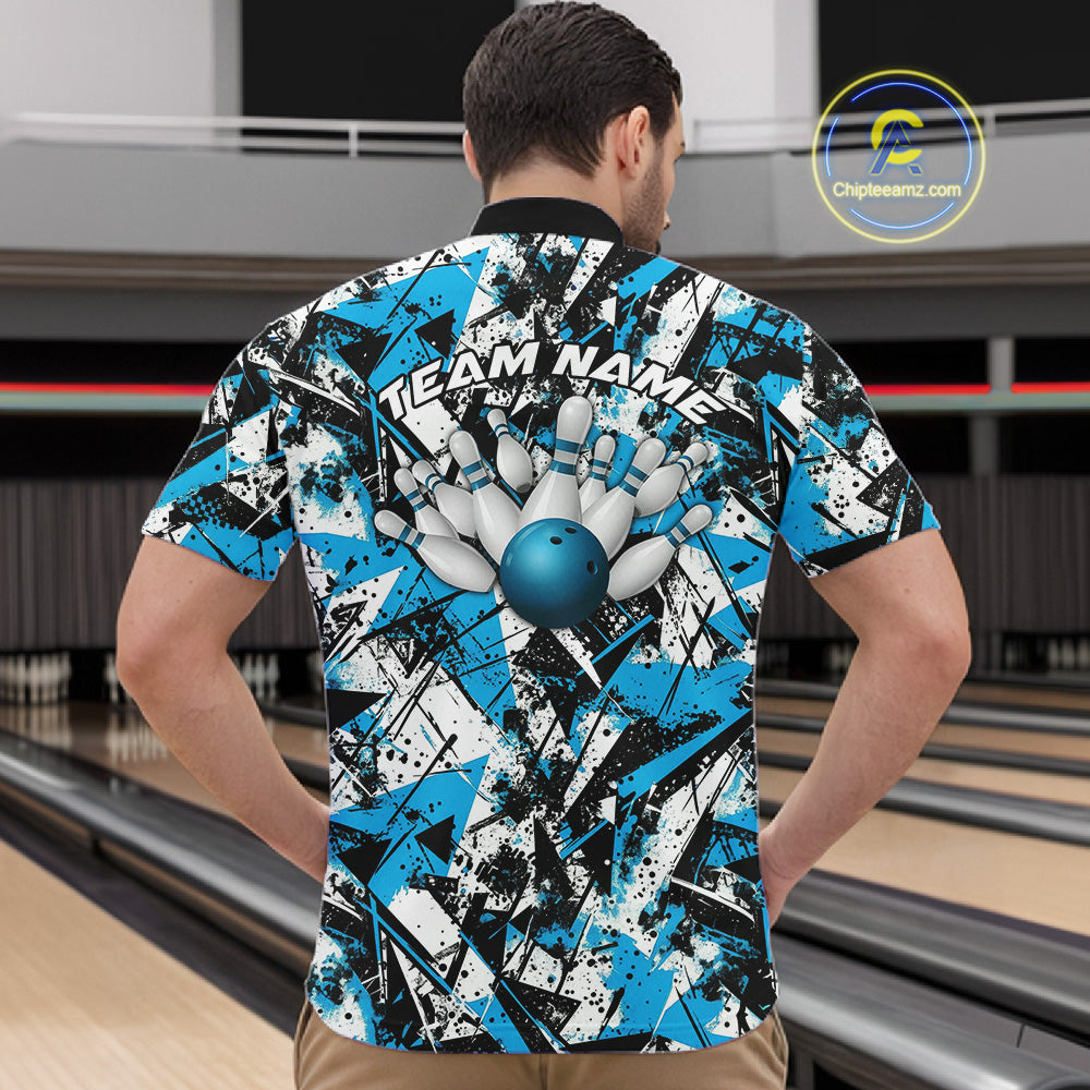Custom Graffity Blue Camo Bowling Team Men Quarter-Zip Shirts, Camouflage Bowling Jerseys IPHW10215