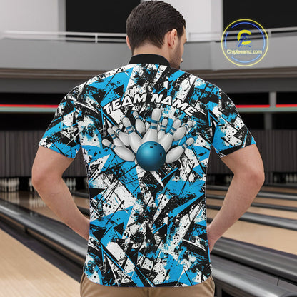 Custom Graffity Blue Camo Bowling Team Men Quarter-Zip Shirts, Camouflage Bowling Jerseys IPHW10215