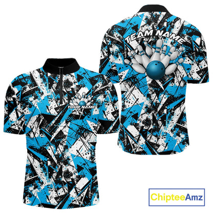 Custom Graffity Blue Camo Bowling Team Men Quarter-Zip Shirts, Camouflage Bowling Jerseys IPHW10215