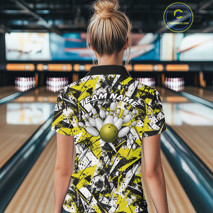 Custom Graffity Yellow Camo Bowling Team Women Polo Shirts, Camouflage Bowling Jerseys IPHW10217