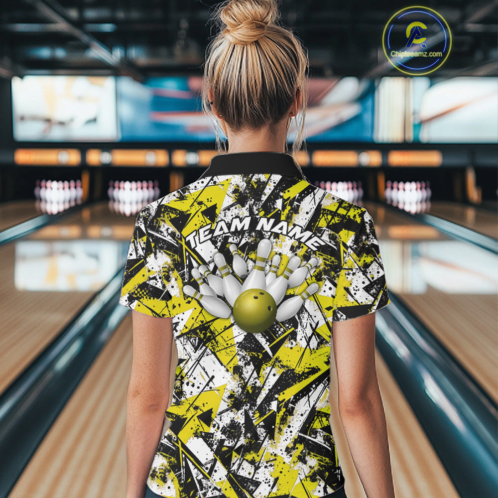 Custom Graffity Yellow Camo Bowling Team Women Shirts, Camouflage Bowling Jerseys IPHW10217