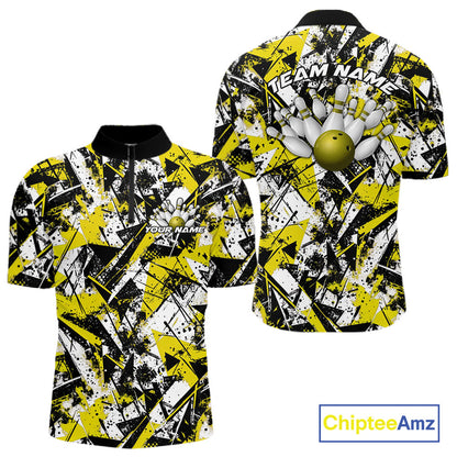 Custom Graffity Yellow Camo Bowling Team Men Quarter-Zip Shirts, Camouflage Bowling Jerseys IPHW10217