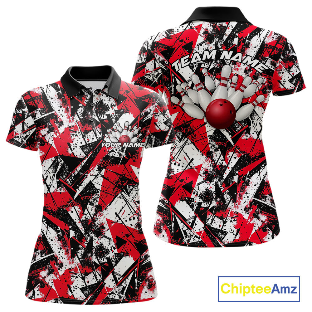 Custom Graffity Red Camo Bowling Team Women Polo Shirts, Camouflage Bowling Jerseys IPHW10218