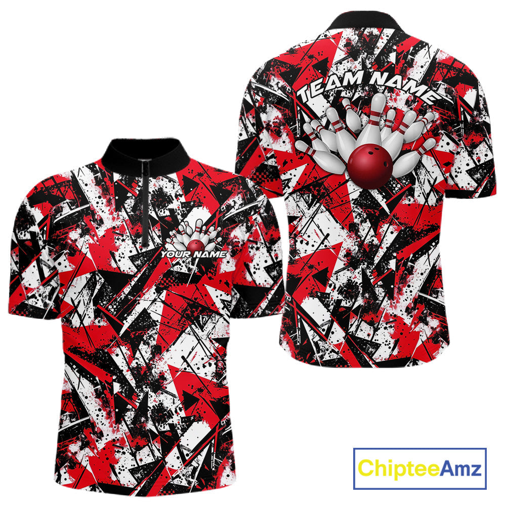 Custom Graffity Red Camo Bowling Team Men Quarter-Zip Shirts, Camouflage Bowling Jerseys IPHW10218
