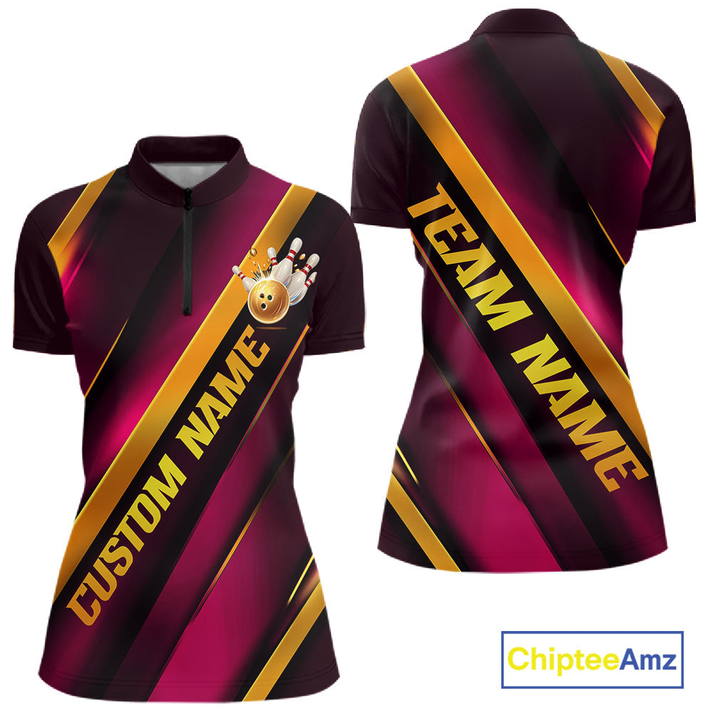 Custom Pink And Gold Bowling Tournament Shirts For Women With Name, Bowler Outfit IPHW10646