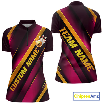 Custom Pink And Gold Bowling Tournament Shirts For Women With Name, Bowler Outfit IPHW10646