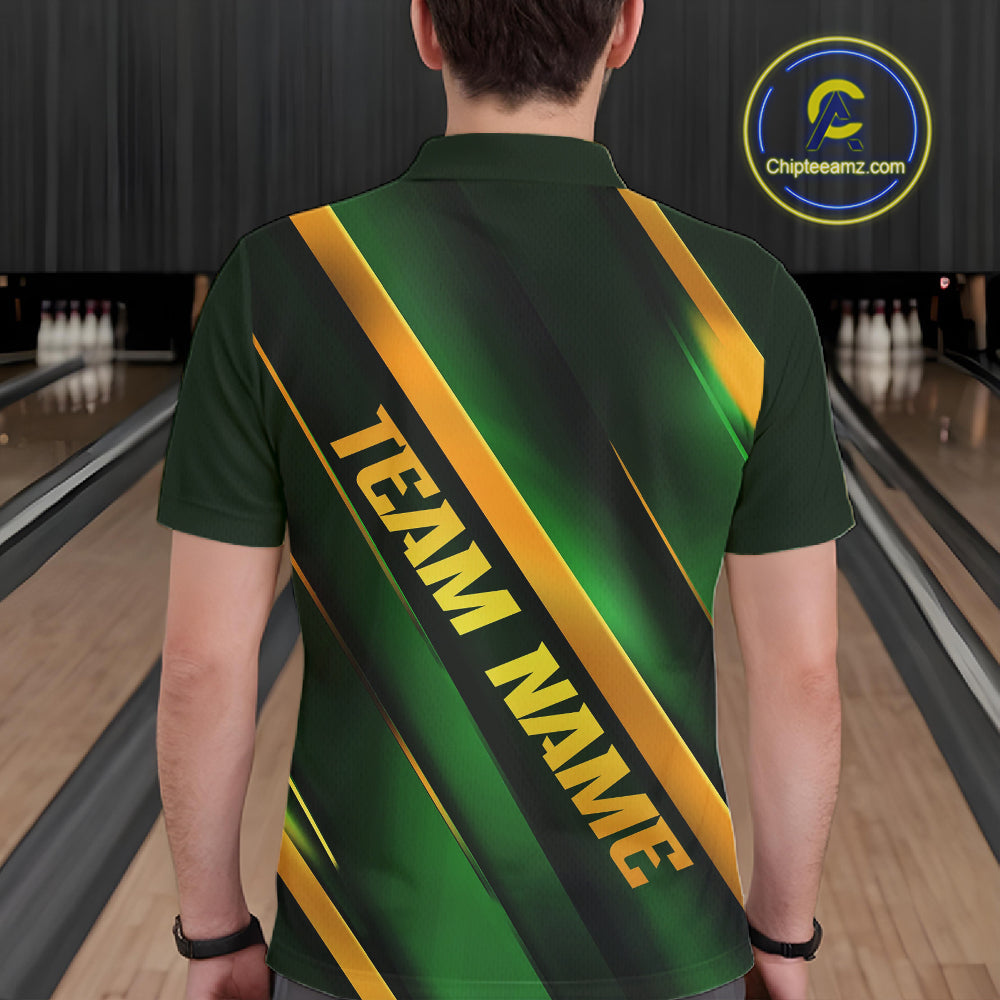 Custom Green And Gold Bowling Tournament Shirts For Men And Women With Name, Bowler Outfit IPHW10647