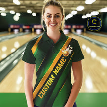 Load image into Gallery viewer, Custom Green And Gold Bowling Tournament Shirts For Women With Name, Bowler Outfit IPHW10647