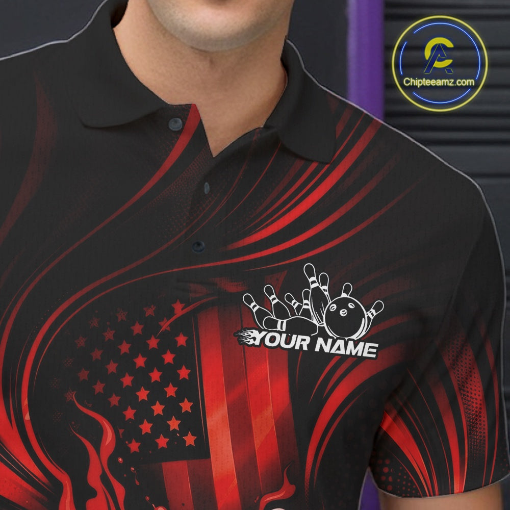 Back view of a male model in a bowling center wearing a black and red polo showcasing patriotic bowling graphics and flame effects.