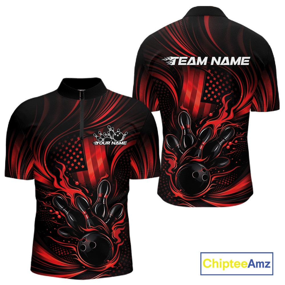 Front and back mockup of a black and red mens bowling quarter-zip shirt featuring patriotic flames around a bowling ball striking pins with distressed American flag artwork.
