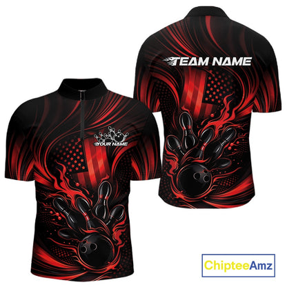 Front and back mockup of a black and red mens bowling quarter-zip shirt featuring patriotic flames around a bowling ball striking pins with distressed American flag artwork.