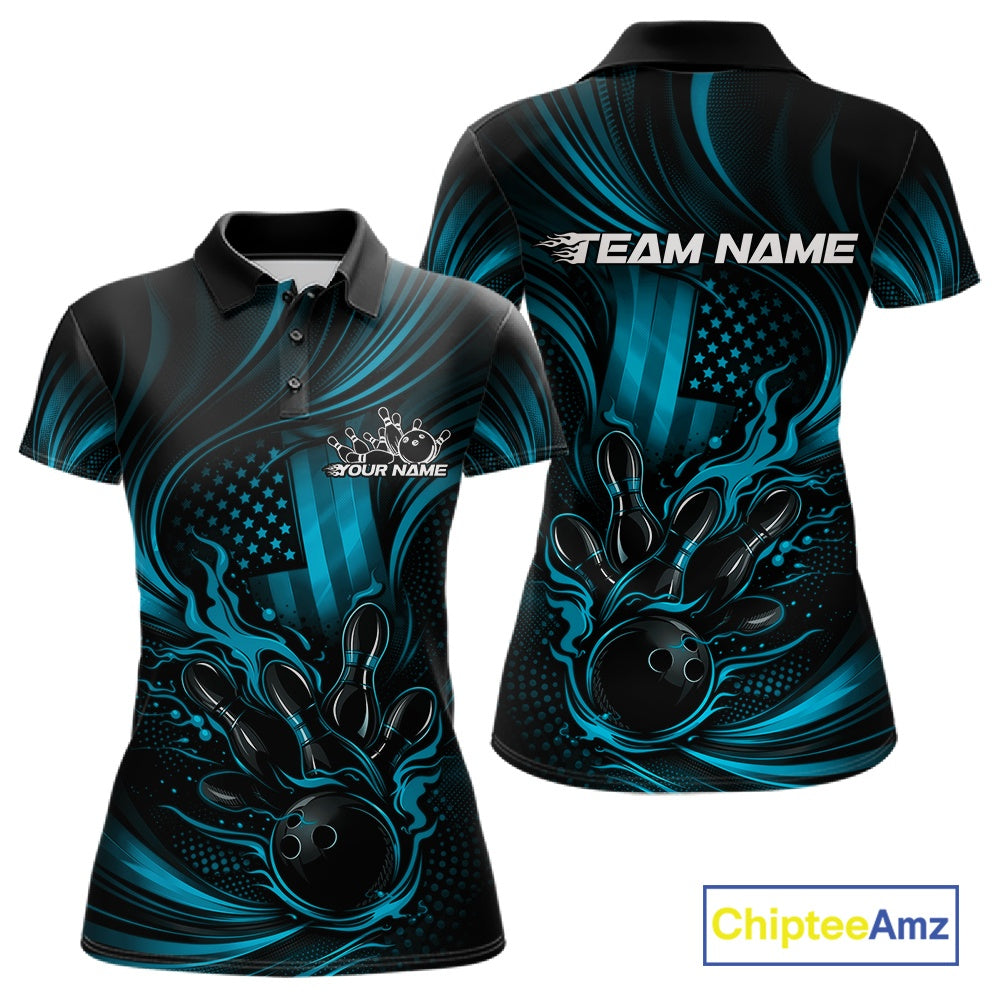 Front and back view of a black and turquoise blue womens bowling polo shirt featuring patriotic flames, bowling pins, and distressed American flag graphics.