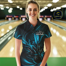 Load image into Gallery viewer, Custom Turquoise Blue Patrotic Flame Bowling Women Polo Shirt, US Flag Bowling Team Jersey IPHW11161