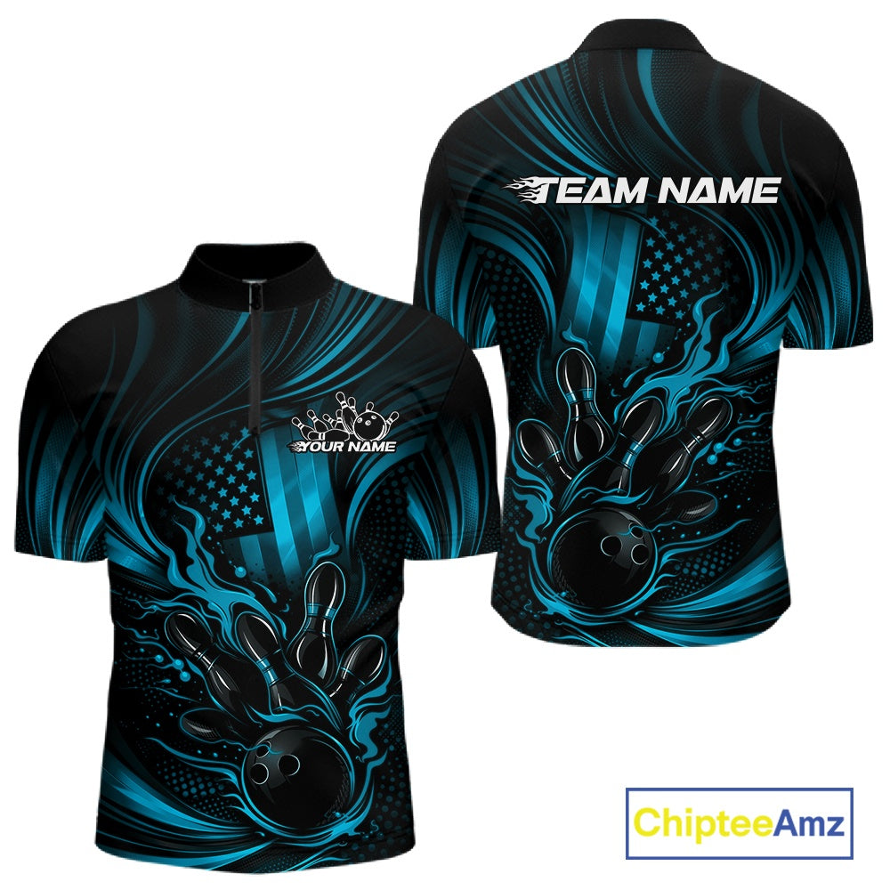 Front and back view of a black and turquoise blue mens bowling quarter-zip shirt featuring patriotic flames, a bowling ball striking pins, and distressed flag graphics.