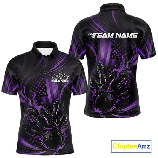 Front and back view of a black and purple men’s bowling polo shirt featuring patriotic flames around a bowling ball striking pins with distressed American flag theme.
