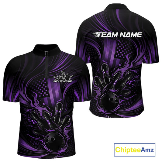 Front and back display of a black and purple mens bowling quarter-zip shirt showcasing a patriotic flaming bowling ball striking pins with distressed flag artwork.