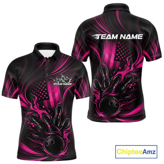 Front and back view of a black and pink men’s bowling polo shirt featuring patriotic flames and a bowling ball striking pins with distressed American flag styling.