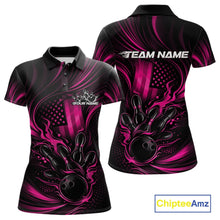 Load image into Gallery viewer, Custom Pink Patrotic Flame Bowling Women Polo Shirt, US Flag Bowling Team Jersey IPHW11163