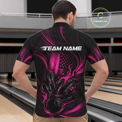 Front view of a male model wearing a black and pink quarter-zip bowling shirt featuring flaming bowling action graphics and patriotic accents.