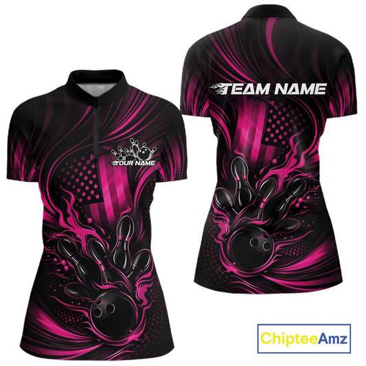 Front and back mockup of a black and pink women’s bowling quarter-zip shirt showcasing a patriotic bowling strike scene with a distressed American flag background.