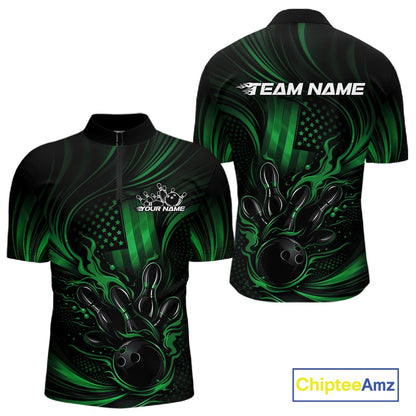Front and back view of a black and green mens bowling quarter-zip shirt featuring patriotic flaming bowling ball striking pins with a distressed American flag design.