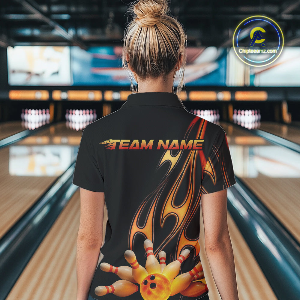 Custom Flame Bowling Team Polo Shirts For Women, Bowling Tournament Team Outfit IPHW9287