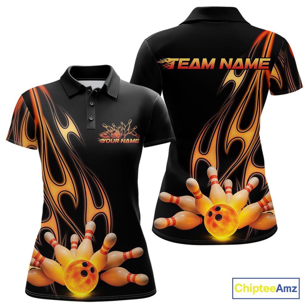 Custom Flame Bowling Team Polo Shirts For Women, Bowling Tournament Team Outfit IPHW9287