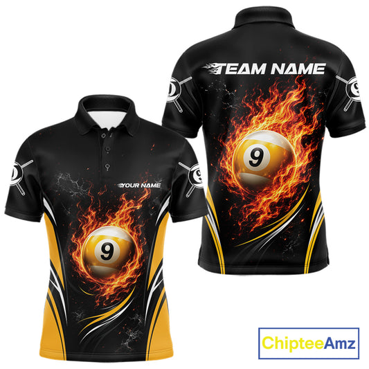 Front and back views of a black short-sleeve polo shirt with a fiery orange and billiard 9-ball