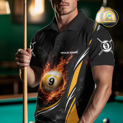 Custom Black And Yellow Flame 9 Ball Billiards Jersey, Pool Team Men Polo Shirt IPHW11749