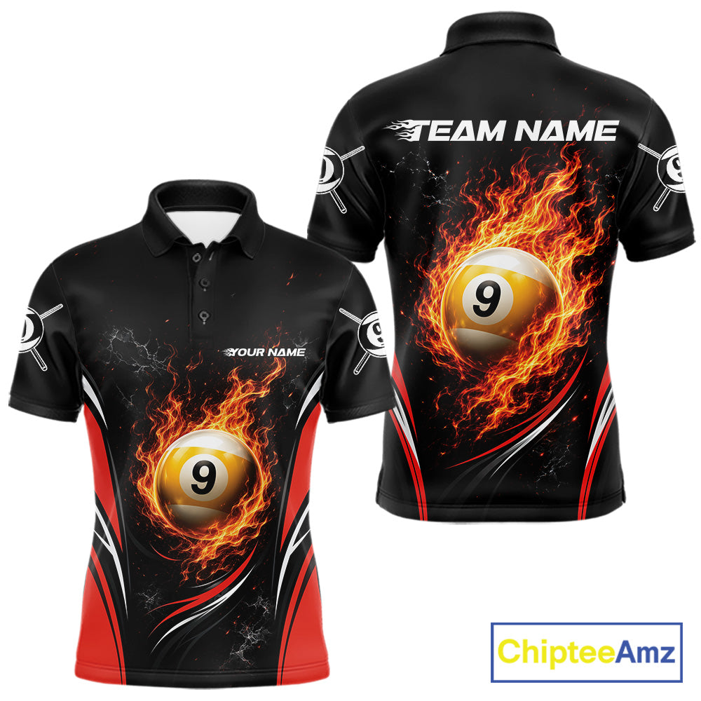 Custom Black And Red Flame 9 Ball Billiards Jersey, Pool Team Men Polo Shirt IPHW11750
