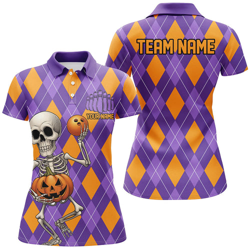 Orange And Purple Argyle Pattern Custom Funny Skull Halloween Bowling Shirts For Women IPHW7655