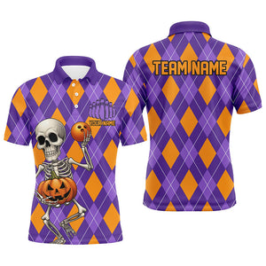 Orange And Purple Argyle Pattern Custom Funny Skull Halloween Bowling Shirts For Men IPHW7655