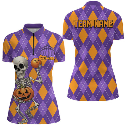Orange And Purple Argyle Pattern Custom Funny Skull Halloween Bowling Shirts For Women IPHW7655