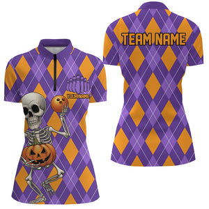 Orange And Purple Argyle Pattern Custom Funny Skull Halloween Bowling Shirts For Women IPHW7655