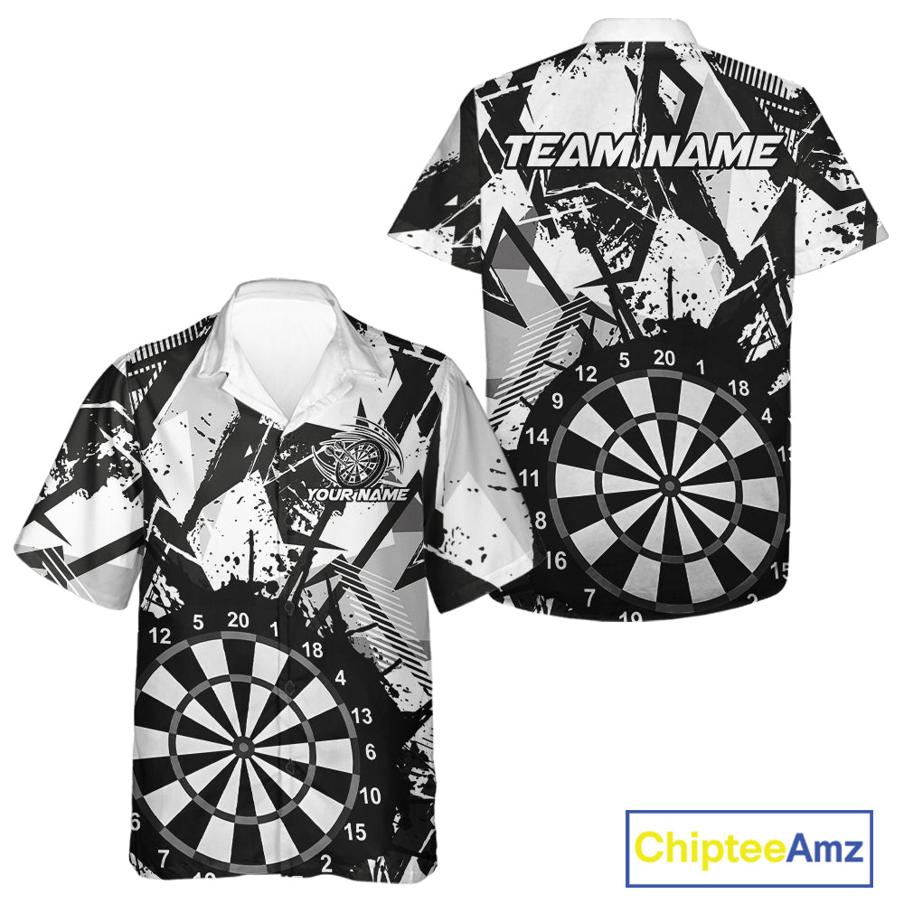 Custom Grunge Splatter Black And White Dartboard Dart Team Men And Women Hawaiian Shirts, Dart Jerseys IPHW9970
