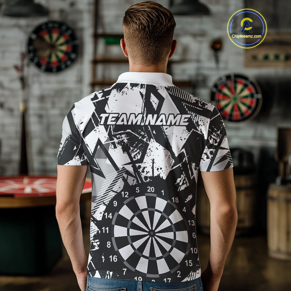 Custom Grunge Splatter Black And White Dartboard Dart Team Men Polo Shirts, Dart Jerseys IPHW9970