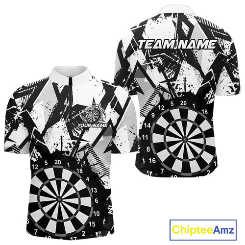 Custom Grunge Splatter Black And White Dartboard Dart Team Men Quarter-Zip Shirts, Dart Jerseys IPHW9970