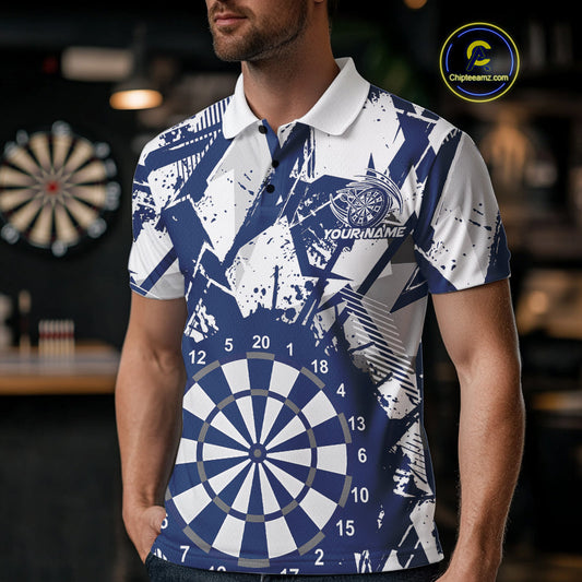 Custom Grunge Splatter Blue And White Dartboard Dart Team Men Polo Shirts, Dart Jerseys IPHW9971