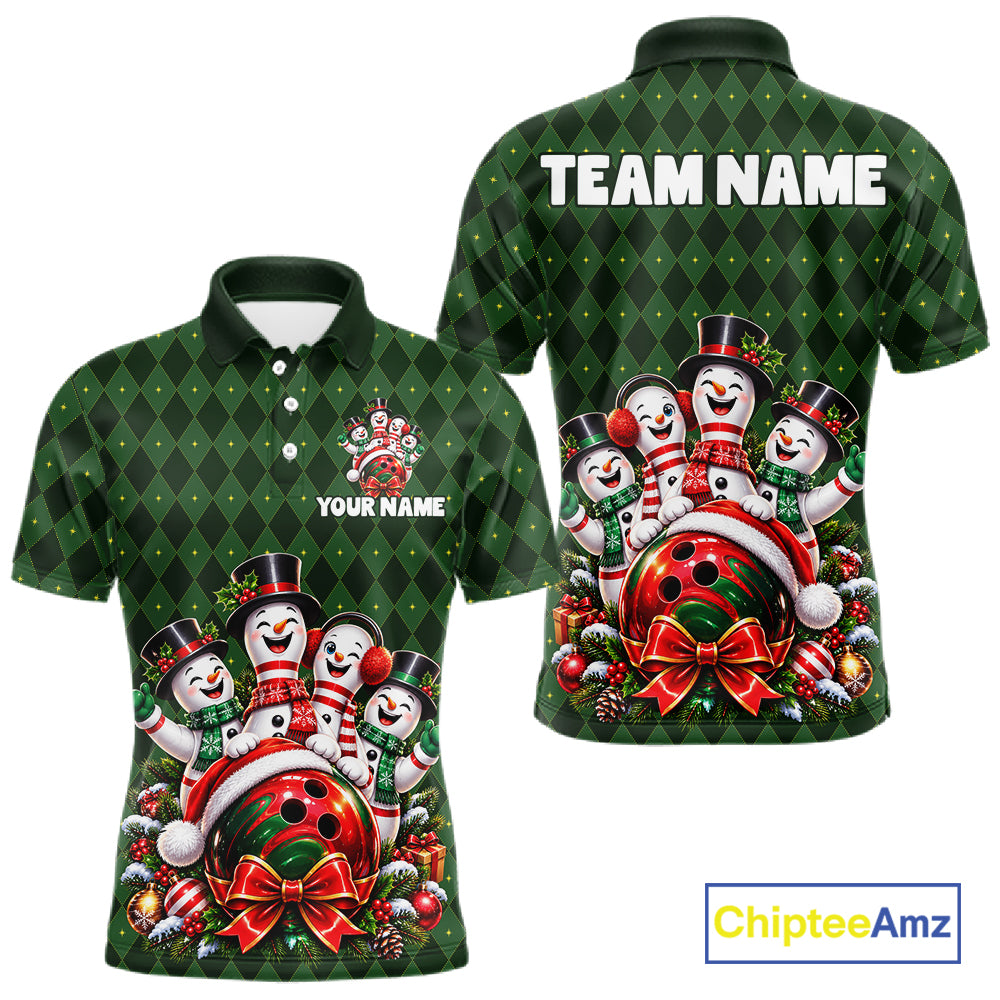 Merry Christmas Snowmen Bowling Shirt For Men Custom Festive Green Argyle Plaid Bowling Team Jersey NYN5115
