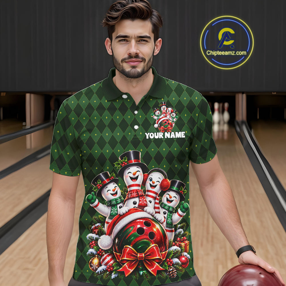Merry Christmas Snowmen Bowling Shirt For Men Custom Festive Green Argyle Plaid Bowling Team Jersey NYN5115