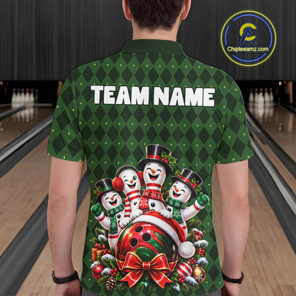 Merry Christmas Snowmen Bowling Shirt For Men Custom Festive Green Argyle Plaid Bowling Team Jersey NYN5115