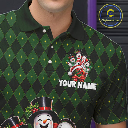 Merry Christmas Snowmen Bowling Shirt For Men Custom Festive Green Argyle Plaid Bowling Team Jersey NYN5115